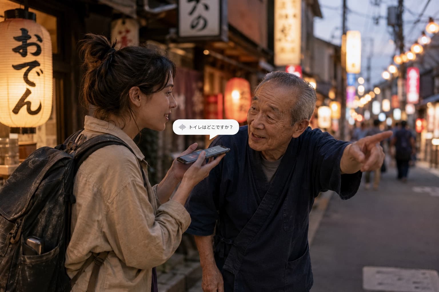 Two people using in-person translation on a single device in Tokyo.
