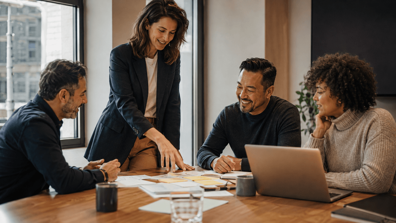 Four colleagues planning together around a table in a bright office.