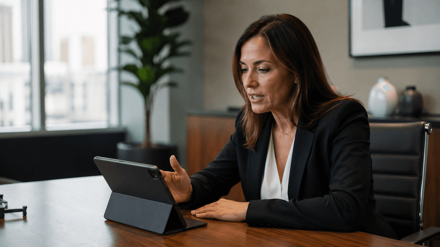 A businesswoman speaking toward a tablet in a meeting room.