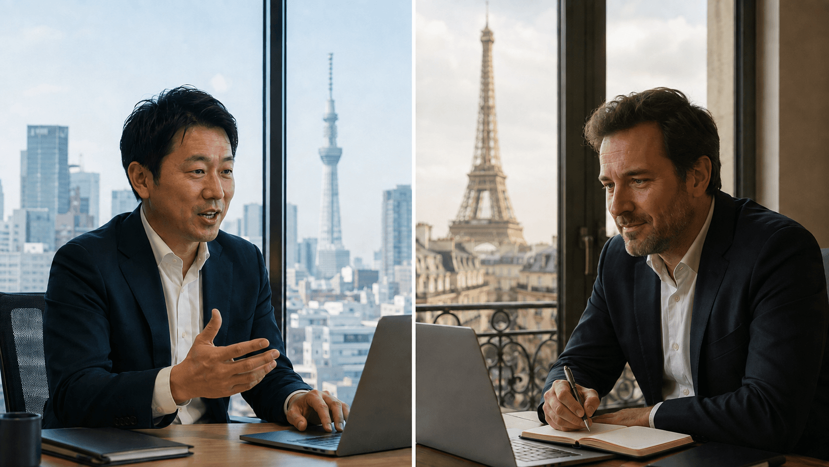 Two businessmen in Tokyo and Paris offices on the same call.
