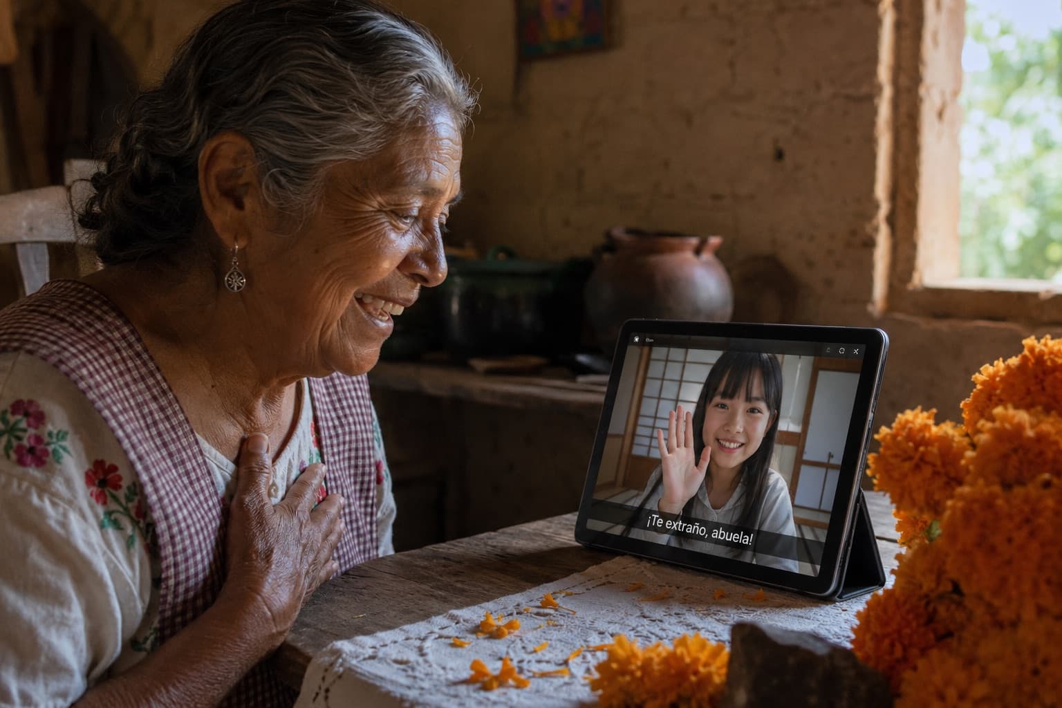 A grandmother and grandchild on a video call with live translated subtitles.
